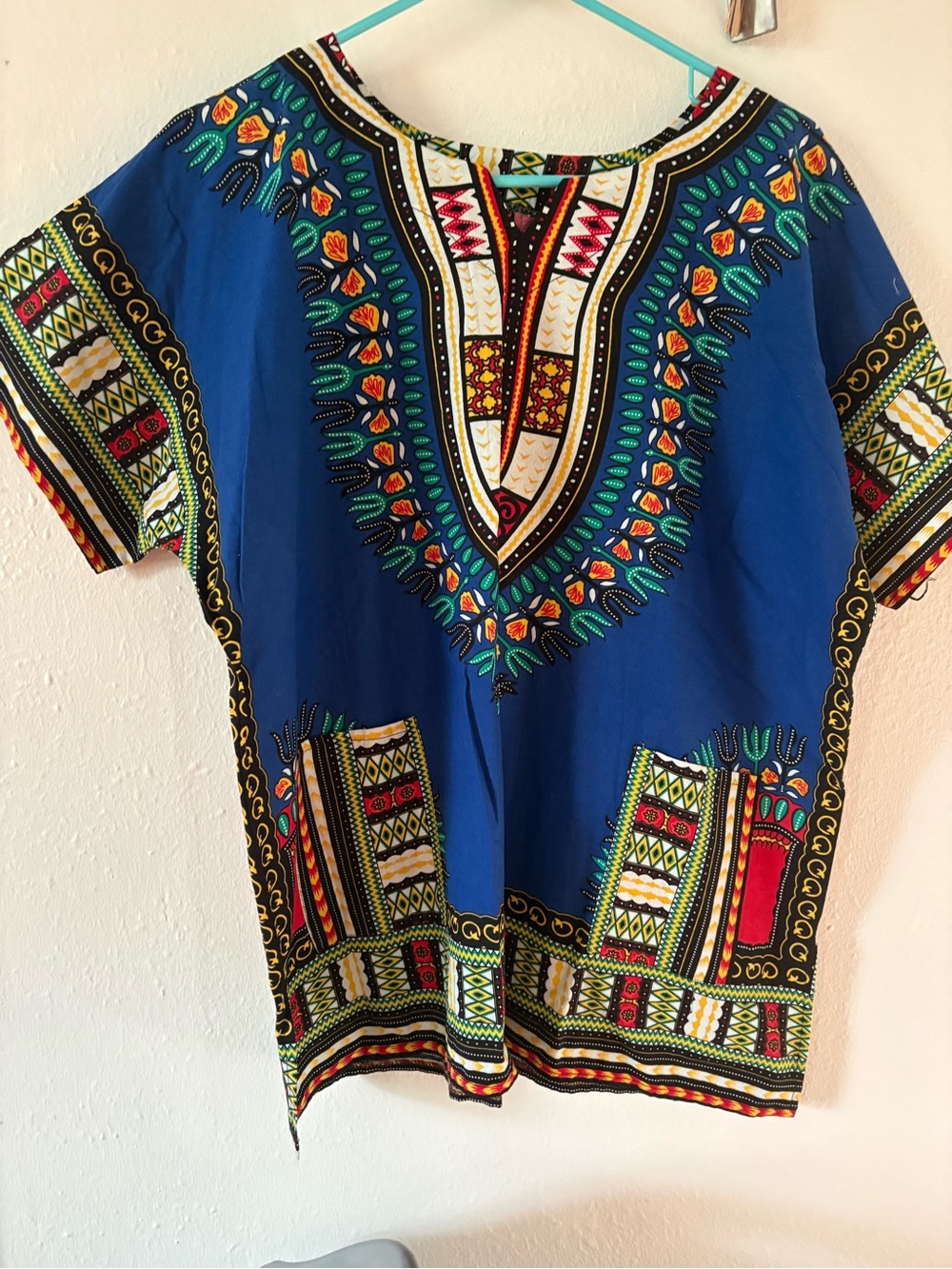 Bright Blue Dashiki Tunic with Multicolor Tribal Print